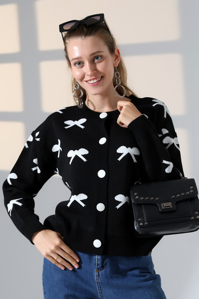 ALCHON Round Neck Long Sleeve Jacquard Panel Bow Tie Bow Pattern 5 Buttons Winter Knitwear Cardigan