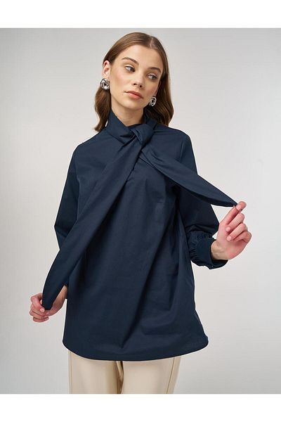 Kayra Collar Detailed Cotton Tunic Dark Navy Blue