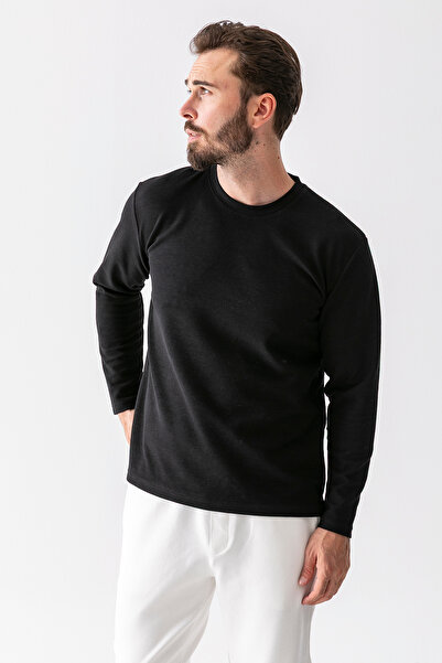 JB John Borners Ανδρικό φούτερ με υφή από βαμβακερό λαιμόκοψη μαύρο - 5714