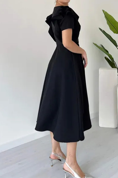 MILANOFOX Atlas Crepe A-Line Midi Length Dress with Shoulder Ruffle Detail and Belt