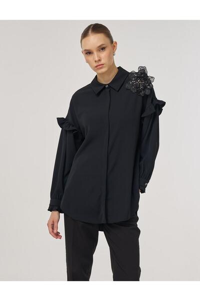 Kayra Stylish Tunic with Ruffle Detail Black