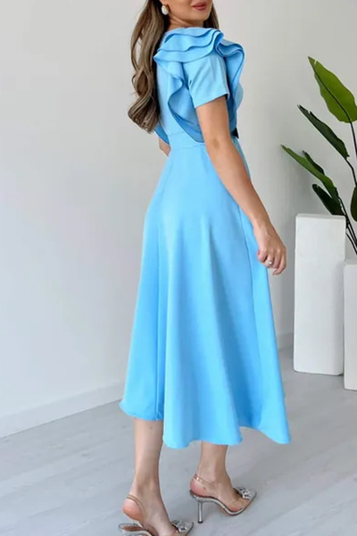 MILANOFOX Atlas Crepe A-Line Midi Length Dress with Shoulder Ruffle Detail and Belt