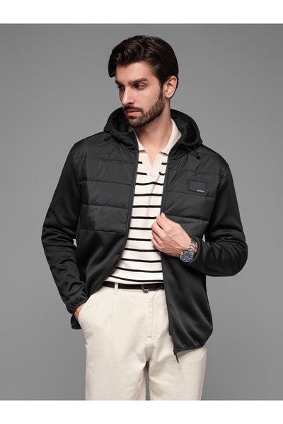 OMBRE Leichte Herrenjacke mit Kapuze und Ziersteppung - Schwarz OM-JANP-0160