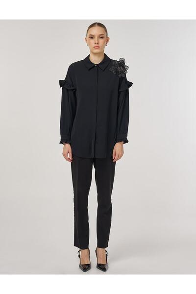 Kayra Fırfır Detaylı Şık Tunik Siyah