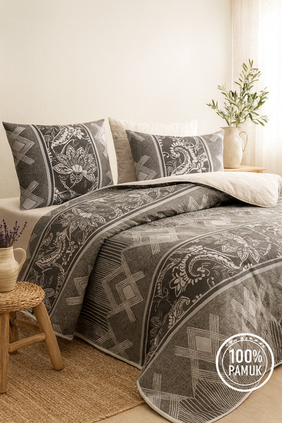 Evimcim 100% Cotton Single Quilted Duvet Cover Set Purple Black Patterned Luxury Box