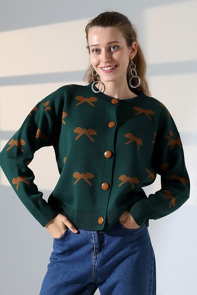 ALCHON Round Neck Long Sleeve Jacquard Panel Bow Tie Bow Pattern 5 Buttons Winter Knitwear Cardigan