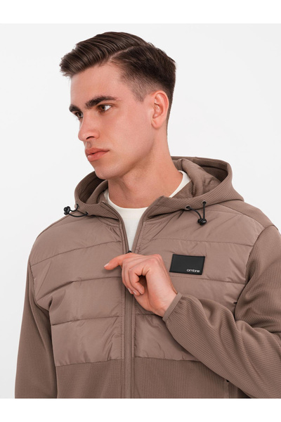 OMBRE Herren Leichtjacke mit Kapuze und dekorativer Steppung - Hellbraun V2 OM-JANP-0160