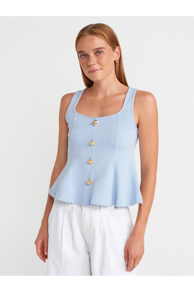 Dilvin 31979 Button Peplum Top-Light Blue