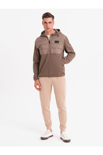 OMBRE Herren Leichtjacke mit Kapuze und dekorativer Steppung - Hellbraun V2 OM-JANP-0160