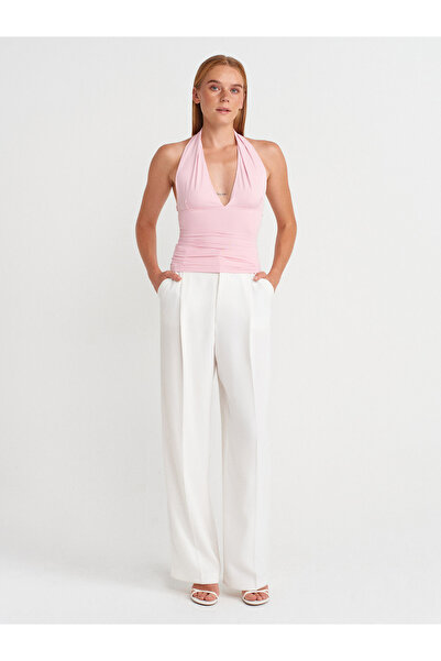 Dilvin 31968 Gathered Halter Neck Top-Powder Pink