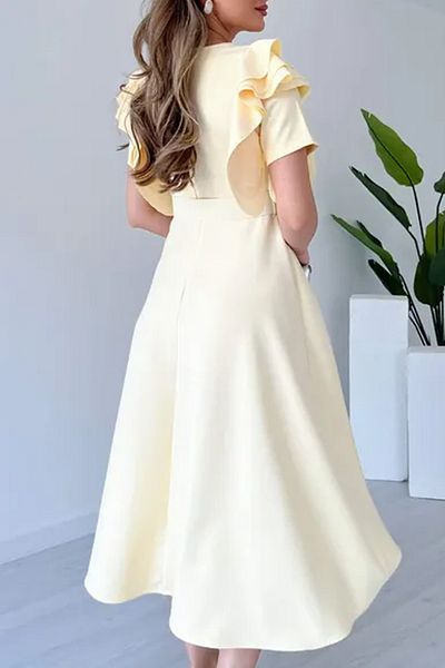 MILANOFOX Atlas Crepe A-Line Midi Length Dress with Shoulder Ruffle Detail and Belt