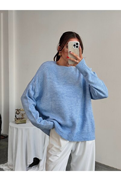 Genel Markalar Kadın Yumuşak Dokulu Mavi Oversize Kazak