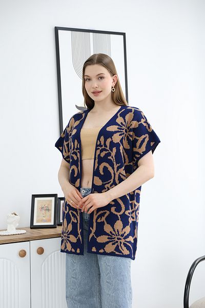 ALCHON V-Neck Unlined Jacquard Panel Floral Patterned Seasonal Knitwear Vest Cardigan