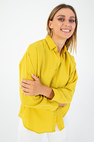 Nuevo Kadın Hardal Sarısı Oxford Dokulu Kumaş Rahat Kesim Basic Gömlek 150007...
