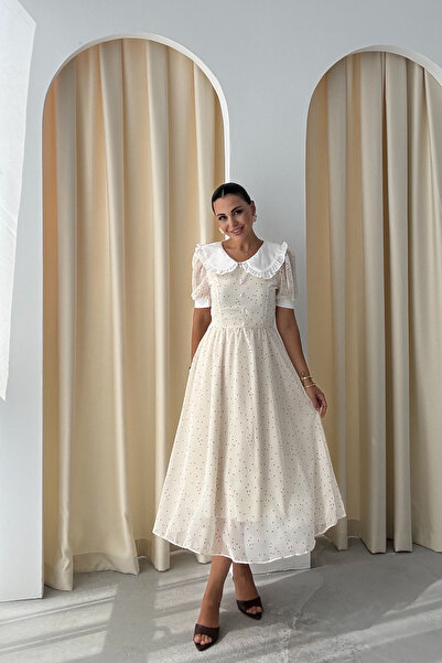 Seda Yalçın Atelier Beige Baby Collar Heart Patterned Dress