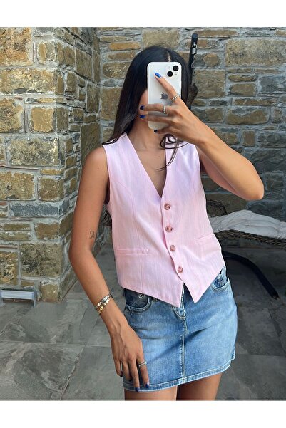 lovmi Women's V-Neck Buttoned Lined Linen Vest