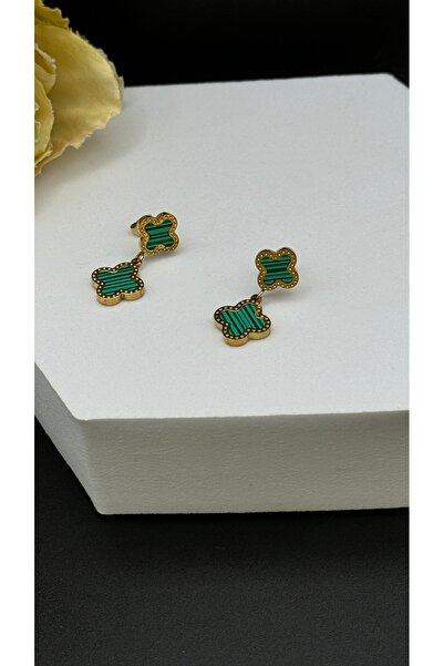SK aksesuar Sallantılı Yeşil Yonca Model Çelik Küpe
