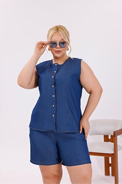 Siyezen Plus Size Buttoned Shorts Jean Suit