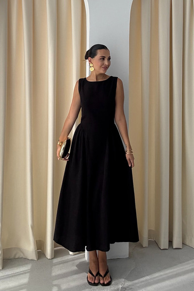Seda Yalçın Atelier Black Linen Gathered Sides Midi Length Princess Dress