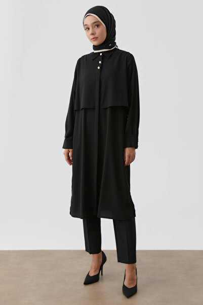 Tuğba Rüzgarlık Detaylı Çiçek Düğmeli Tunik - Siyah