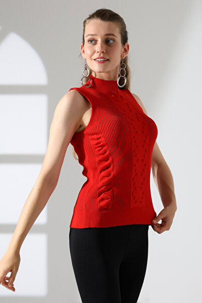 ALCHON Half Fisherman Stand Collar Ribbed Sleeveless Striped Accumulated Patterned Woven Detailed Summer Knitwear Blouse