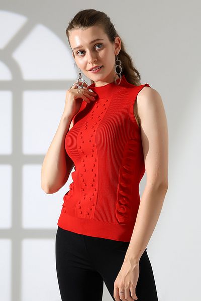 ALCHON Half Fisherman Stand Collar Ribbed Sleeveless Striped Accumulated Patterned Woven Detailed Summer Knitwear Blouse