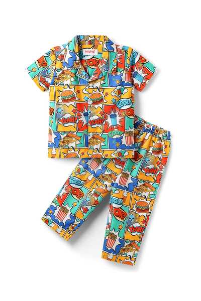 Babyhug Cotton Woven Half Sleeves Co-ords Night Suit with Text Print - Multicolor