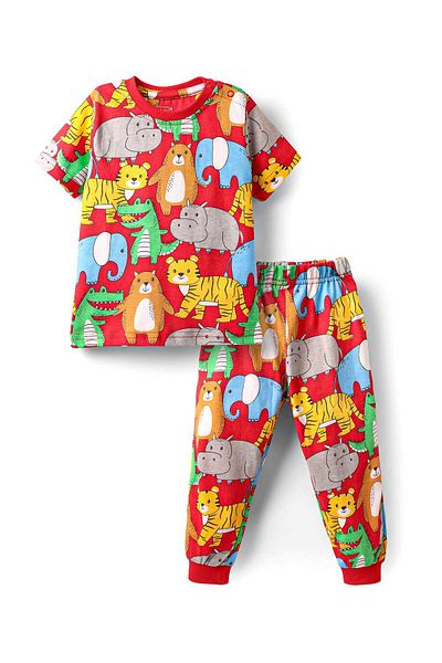 Babyhug Cotton Knit Half Sleeves Co-ords Night Suit With Animal Print - Red