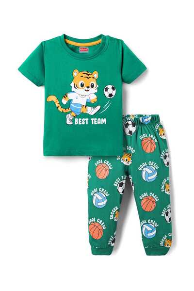 Babyhug Cotton Knit Half Sleeves Night Suit With Tiger Print - Green