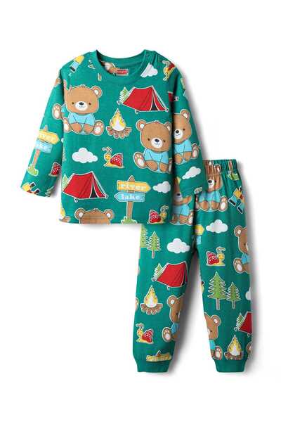 Babyhug Cotton Knit Full Sleeves Co-ords Pyjama Set with Bear Print - Green