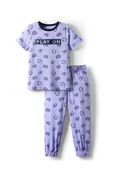 Pine kids بدلة نوم من قطعة واحدة من الجيرسيه مع طباعة موضوع الألعاب - أزرق فاتح