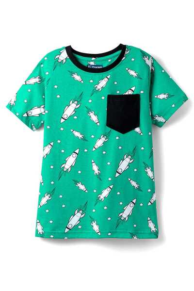 Pine kids Single Jersey Knit Half Sleeves Co-ords Pyjama Set with Rocket Print - Green