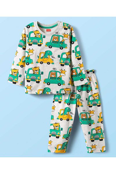 Babyhug Cotton Knit Full Sleeves Co-ords Night Suit With Vehicle Print - Grey