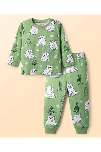 Babyhug Cotton Knit Full Sleeves Co-Ords Night Suit With Bear Print - Green