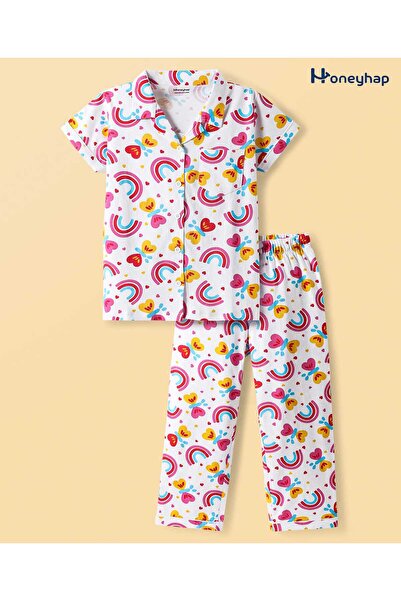 Honeyhap طقم بيجاما محبوك من القطن الفاخر 100% بأكمام نصفية، بتصميم فراشة وقو...