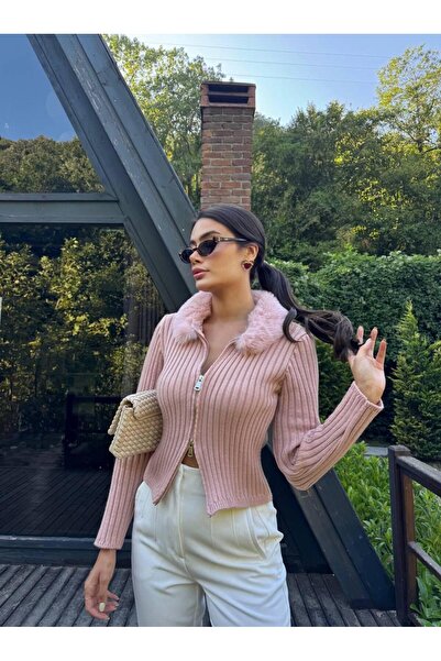 İKRAFASHİON Yakası Kürklü Triko Hırka