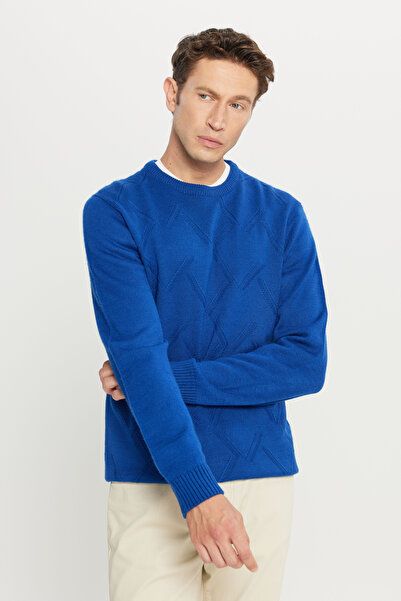 AC&Co / Altınyıldız Classics Чоловічий светр з жакарду Saks Blue Yunlu Standard Fit Regular Fit з горловиною з капюшоном