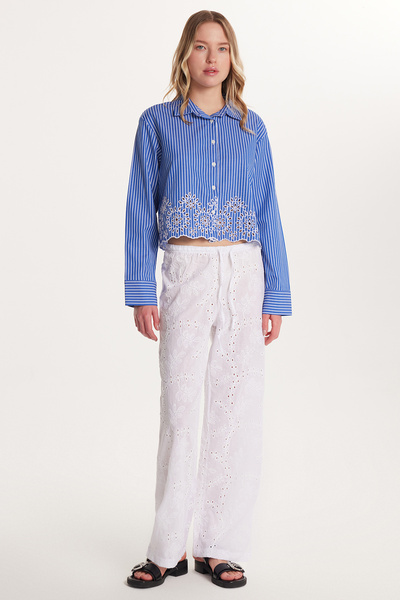 Tudors Women's Regular Fit 100% Cotton Elastic Waist Tied Wide Leg White Trousers