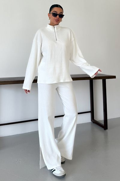 MODAGEN Women's White Half Zipper Stand Collar Sweater with Bottom-Top Pants Suit
