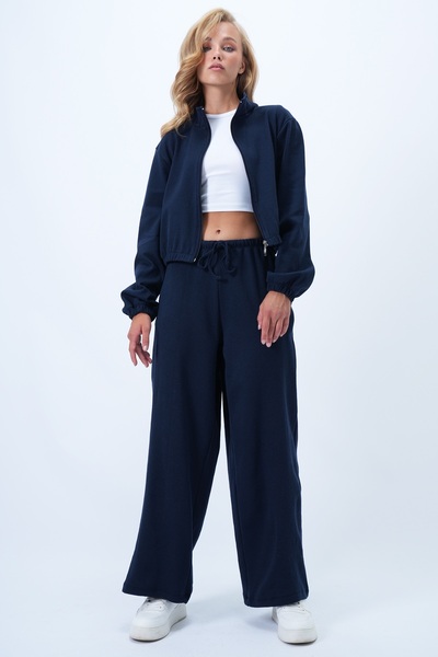 Trend Alaçatı Stili Women's Navy Blue Stand Collar Knitted Zippered Sweat Jacket and Pants Set Alc-X14384