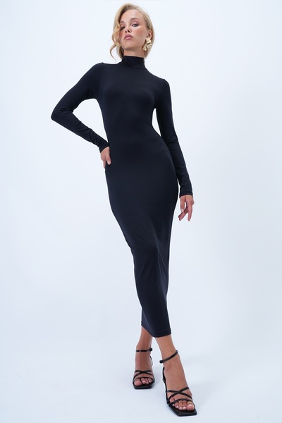 Trend Alaçatı Stili Women's Black Stand Collar Backless Maxi Length Sandy Dress Alc-X14385