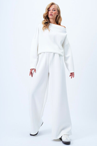 Trend Alaçatı Stili Women's White Wide Collar Relaxed Fit Blouse and Pants Bottom Top Set Alc-X14413