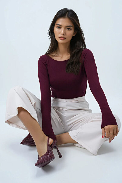 Trend Alaçatı Stili Women's Burgundy Boat Neck Basic Blouse Alc-X14395