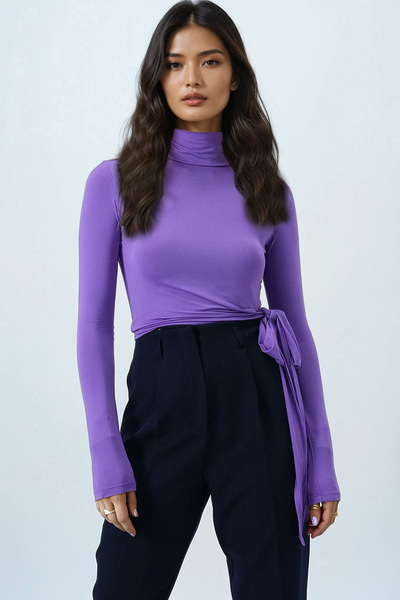 Trend Alaçatı Stili Kadın Koyu Lila Balıkçı Yaka Belden Bağlama Detaylı Sandy Bluz Alc-X14394