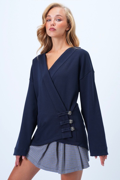 Trend Alaçatı Stili Kadın Koyu Lacivert Kruvaze Yaka Asimetrik Kesim Düğme Detaylı Kimono Ceket Alc-X14411