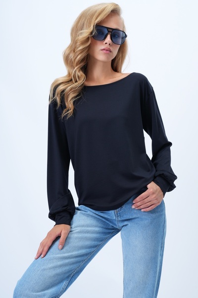 Trend Alaçatı Stili Schwarze Damenbluse mit U-Boot-Ausschnitt und Manschetten...