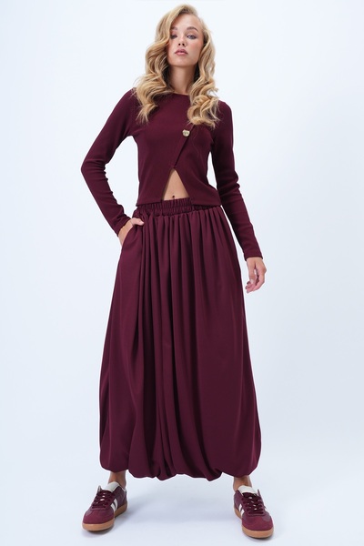 Trend Alaçatı Stili Women's Burgundy Double Pocket Lined Maxi Size Bubble Skirt Alc-X14348