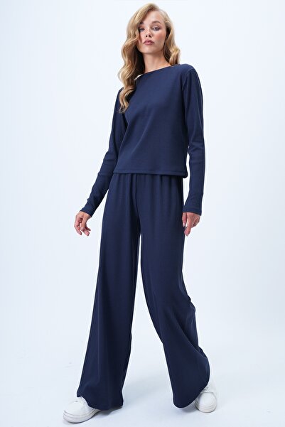 Trend Alaçatı Stili Γυναικεία μπλούζα με λαιμόκοψη Navy Blue και παντελόνι Palazzo Πλεκτό Σετ δύο τεμαχίων Alc-X12480