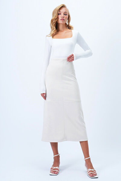 Trend Alaçatı Stili Női Ecru rejtett cipzáras varrás részletes műbőr maxi szoknya Alc-X14407