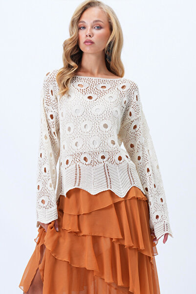 Trend Alaçatı Stili Kadın Vanilya Kayık Yaka Eteği Zikzak Detaylı Delik Ajurlu Mevsimlik Triko Bluz Alc-X14316